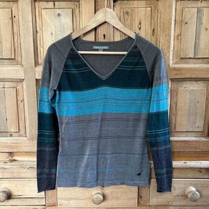 Women's Smartwool Small V-Neck Striped Sweater Ethno‎ Graphic Sweater Gray Green